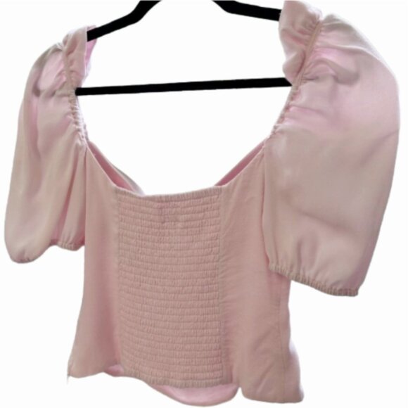 Aritzia Wilfred Novella Pastel Pink Crepe Smocked Crop Top Blouse S Puff Sleeve - Picture 4 of 11